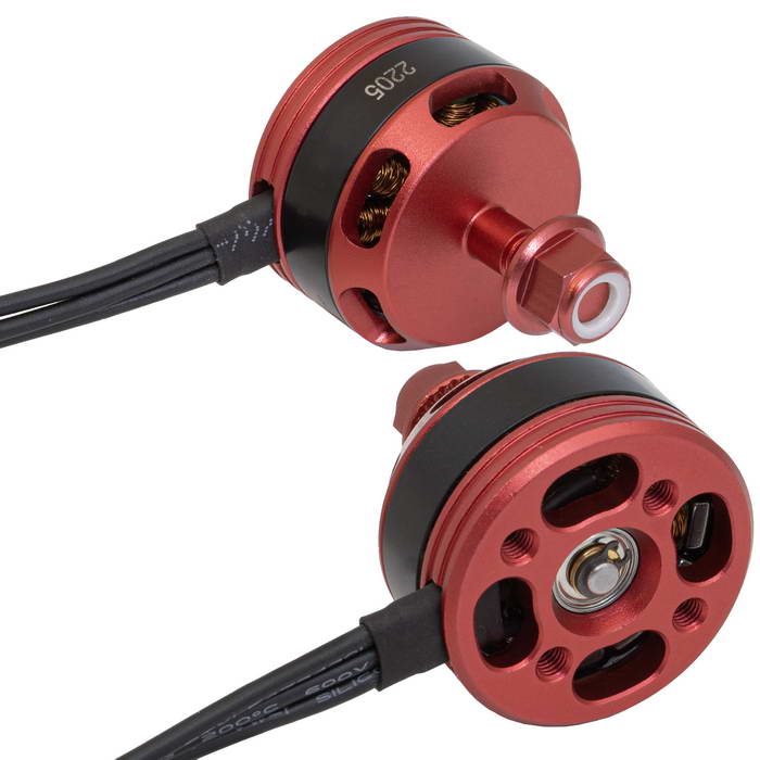 Электродвигатель бесщеточный RUICHI 2205 2600-RH, 2600 kV, диаметр вала с резьбой M5, гайка с прессшайбой, аккумулятор LiPo 2-4S, правое направление резьбы, цвет черный/красный