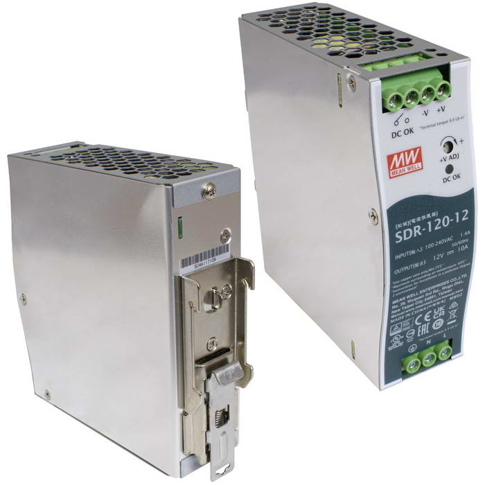 SDR-120-12-MW, Блок питания AC-DC на DIN-рейку 120Вт, выход 12В/10A (пиковый 15А), рег. вых 12...14В, вход 88:264V AC, 47:63Гц /124:370В DC, изоляция 3000В AC, в кожухе 40х125,2х113,5мм, -25:+70°С