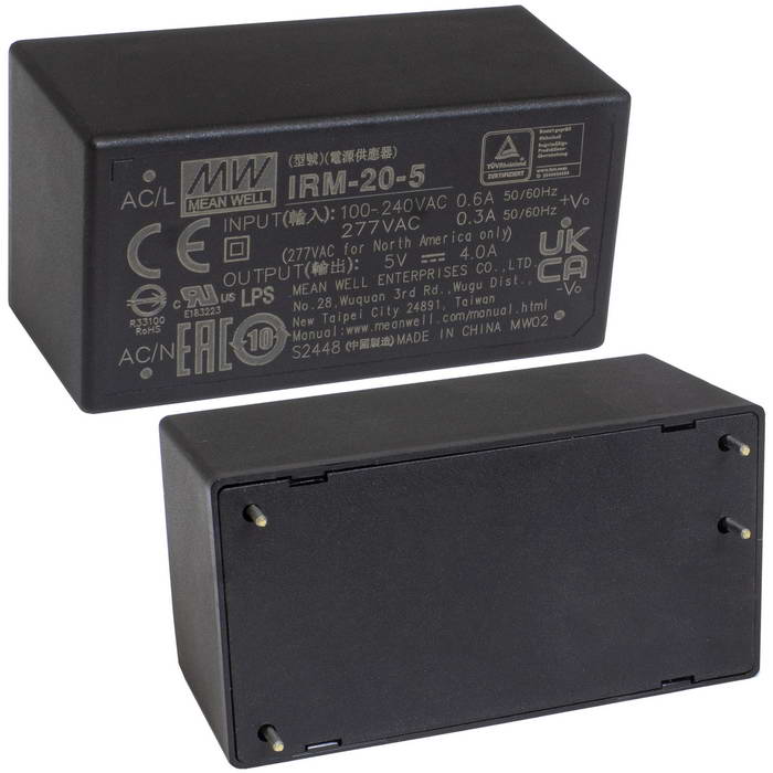 IRM-20-5-MW, Блок питания AC-DC, 20 Вт, вход 85...264В AC 47...440 Гц, 120...370B DC, выход 5В/4А, изоляция 3000В AC, в корпусе на плату 52.4x27x24мм, -30...+70°C