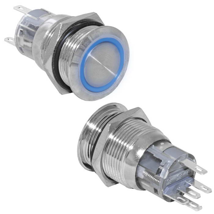 Кнопка антивандальная RUICHI LAS1-AGQ-11E/B/N, ON-(ON), рабочая температура -25…+55 °C, никелированная латунь