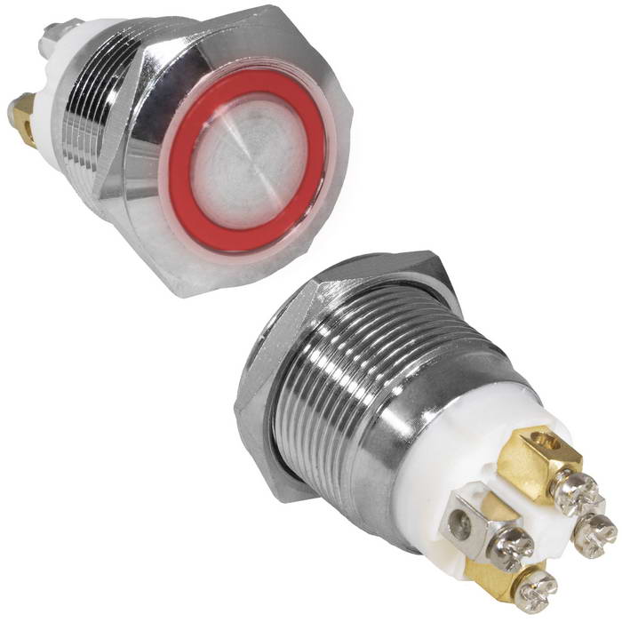 Кнопка антивандальная RUICHI GQ19F-10E/R/N, OFF-(ON), рабочая температура -25…+55 °C, никелированная латунь