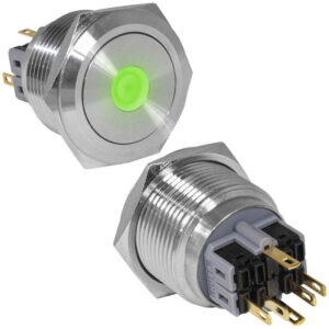 Кнопка антивандальная RUICHI GQ28-11D/G/N, ON-(OFF)+OFF-(ON), рабочая температура -25…+55 °C, никелированная латунь