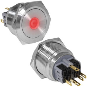 Кнопка антивандальная RUICHI GQ28-11D/R/N, ON-(OFF)+OFF-(ON), рабочая температура -25…+55 °C, никелированная латунь