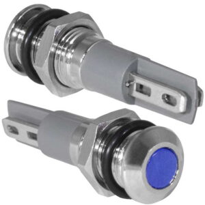 Индикатор антивандальный RUICHI GQ6PF-B, цвет синий, точечный излучатель, 12-24 В, 15 мА, гибкие выводы, никелированная латунь