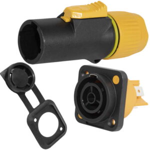 Разъем питания с фиксатором RUICHI NAC3MX-W-R, 3 контакта, 16 А, 250 В, 3 мОм, на панель, крепление корпуса винтовое, корпус PA66, черный/желтый