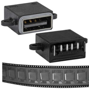 Разъём USBA-4F C IPX8-002, 4 контакта, 1.5 А, 30 В, корпус пластиковый черный с проушинами под крепление