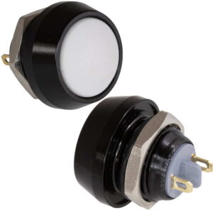 Кнопка антивандальная без подсветки RUICHI GQ12B-10/J/B/W/N, 1NO, ОFF-(ON) без фиксации, пос. диаметр 12 мм, контакты 2Pin, 2 А, 50 мОм, -20...+55 °C, корпус пластиковый черный, кнопка белая