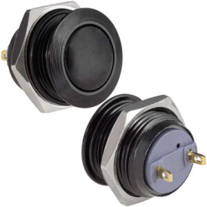 Кнопка антивандальная без подсветки RUICHI GQ16B-10/J/B/B/N, 1NO, ОFF-(ON) без фиксации, пос. диаметр 16 мм, контакты 2Pin, 2 А, 50 мОм, -20...+55 °C, корпус пластиковый черный, кнопка черная