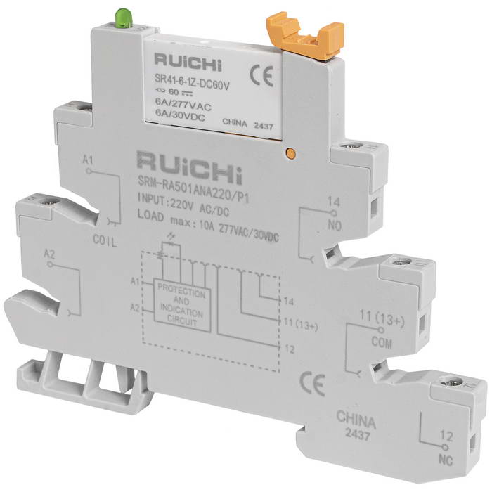 Интерфейсный модуль реле RUICHI SRM-RA501AND220/P1, 6 А, 220 В AC/DC, 1 перекидной контакт, моностабильное переключение, с колодкой, винтовое соединение
