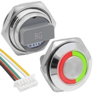 Кнопка антивандальная с подсветкой RUICHI GQ16TF-5E/RG/N, OFF-(ON), рабочая температура    -25…+55 °C, никелированная латунь, короткая, двухцветная, с разъемом