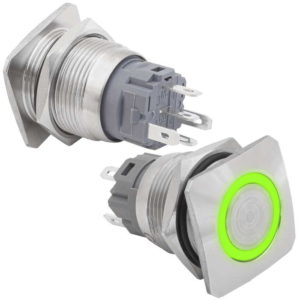 Кнопка антивандальная RUICHI GQ19E-10E/G/N off-(on), рабочая температура -25…+55 °C,       никелированная латунь, зелёная, с квадратной фаской