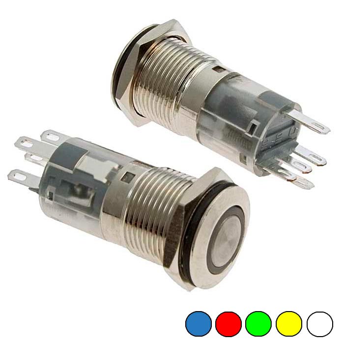 Кнопка антивандальная с подсветкой RUICHI LAS2-GQF-11E/R on-(on), М16, IP65, никелированная латунь